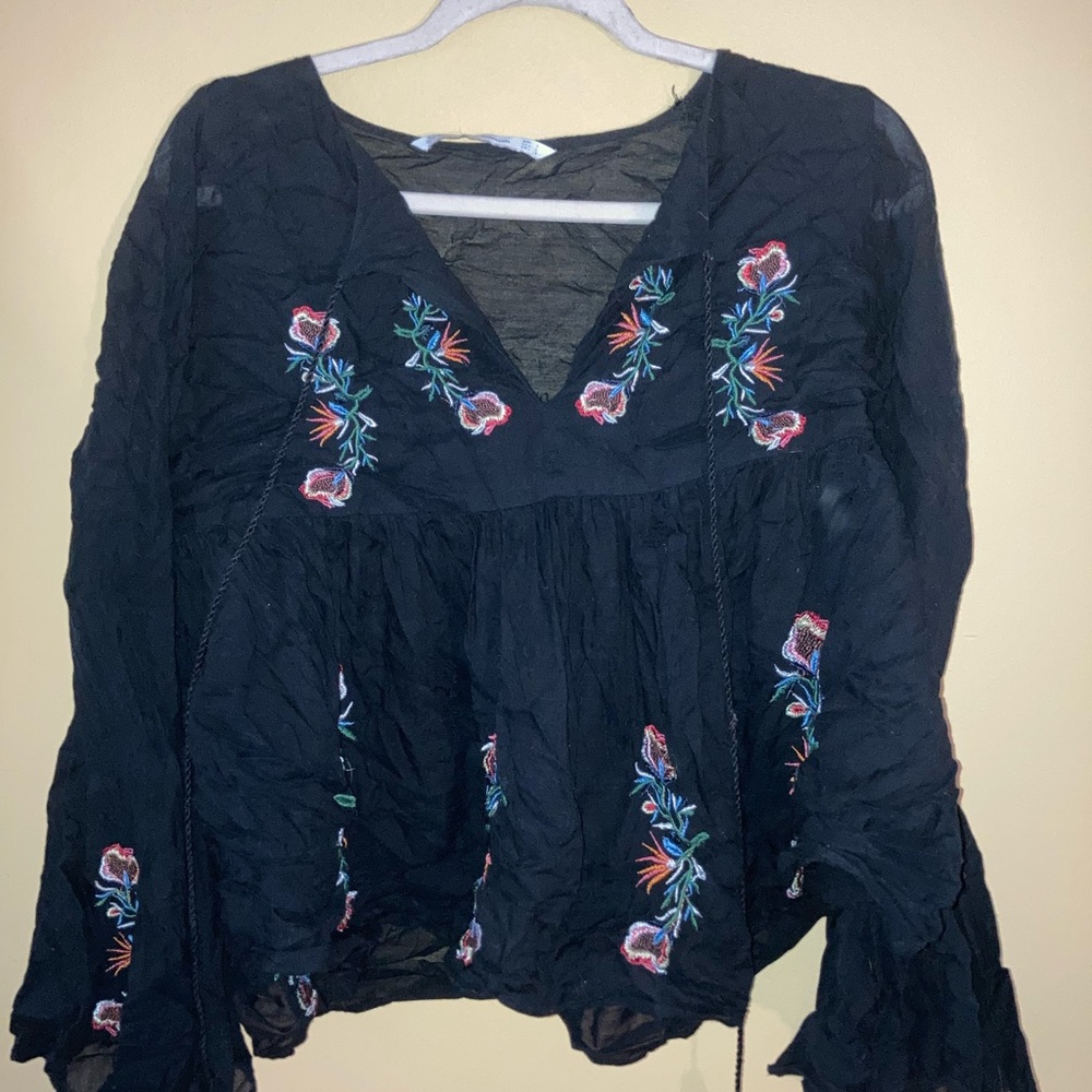 Zara embroidered top with bell sleeves